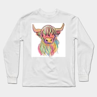 Highland cow rainbow watercolour digital painting Long Sleeve T-Shirt